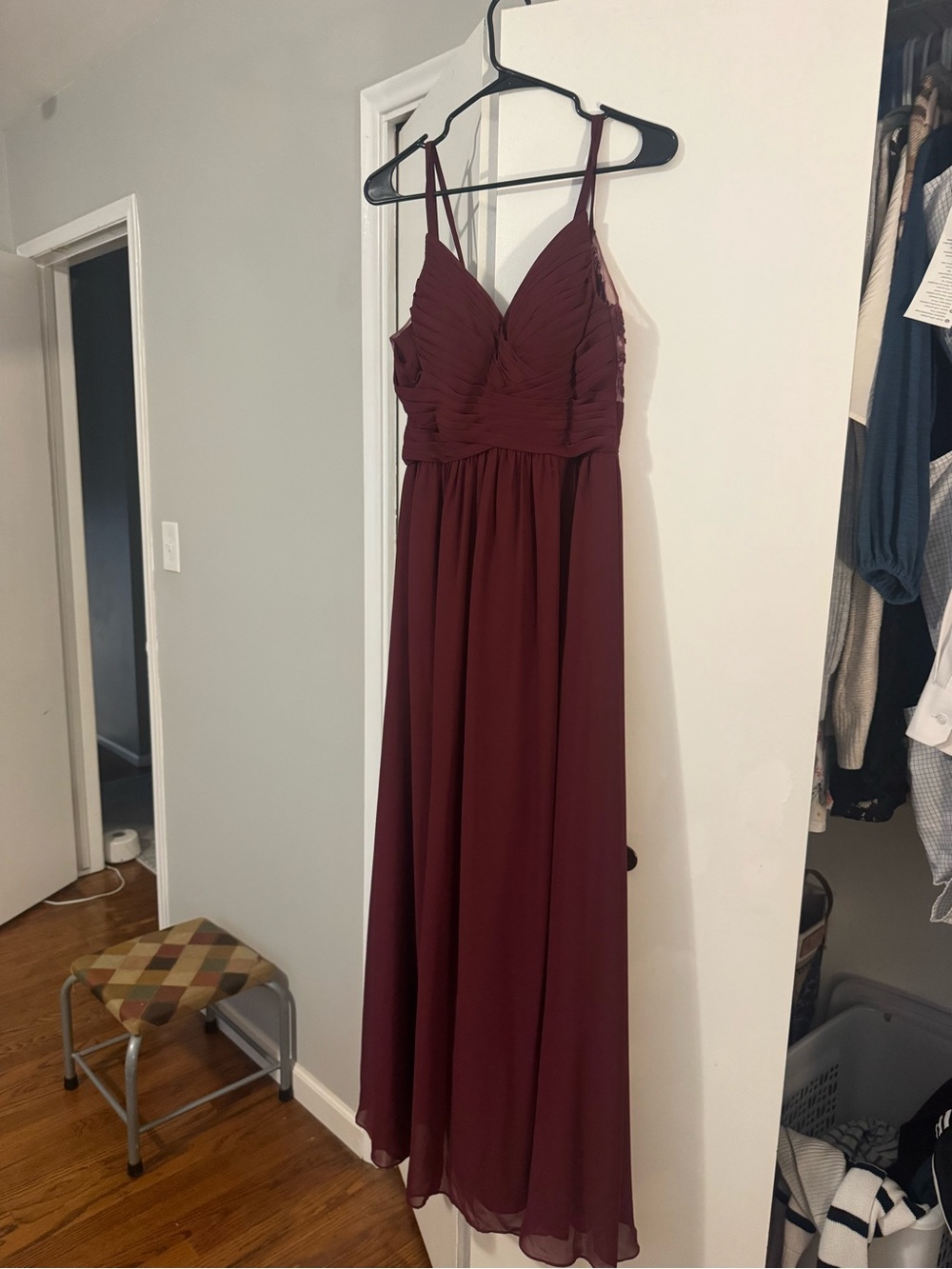 Azazie Burgundy Spaghetti-Strap Ruched V-Neck Maxi Dress